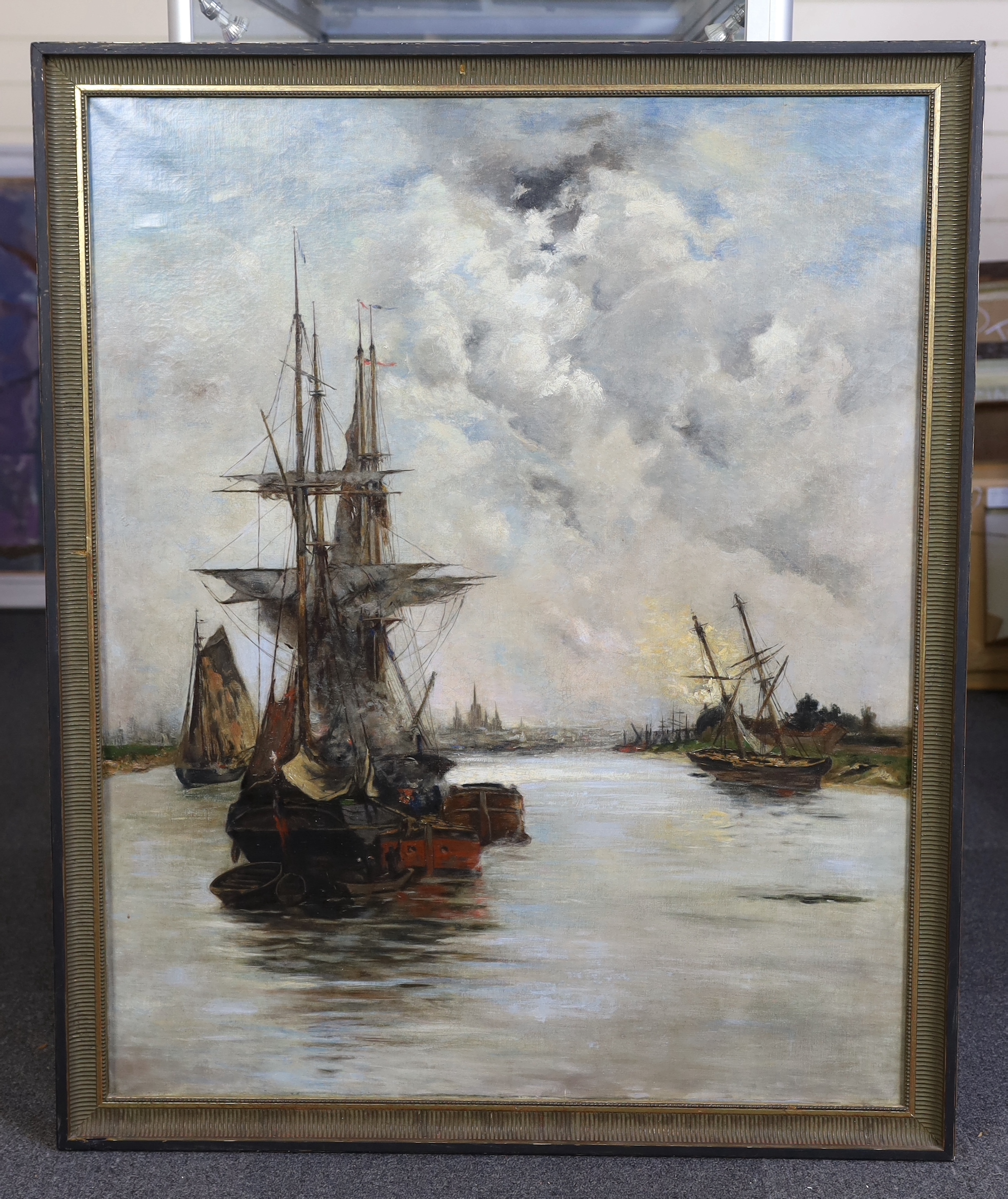 French School c.1900, oil on canvas, Shipping in harbour, 99 x 80cm